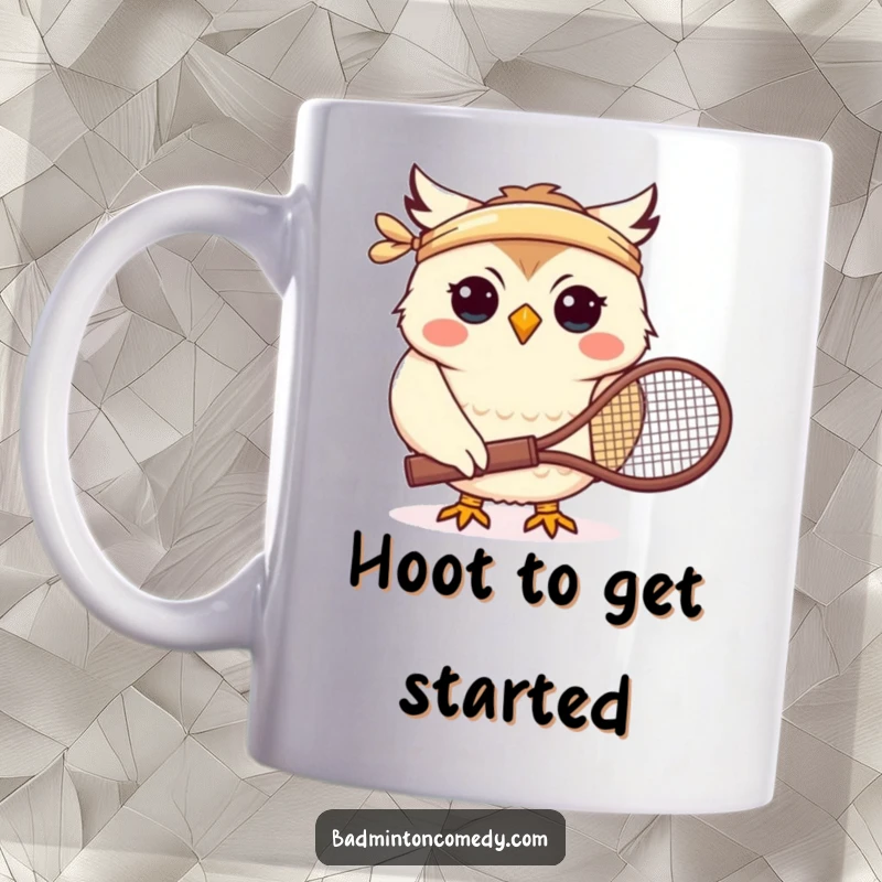 Funny mug featuring a smiling owl character wearing a headband and holding a tennis racket, ready to ace the game.