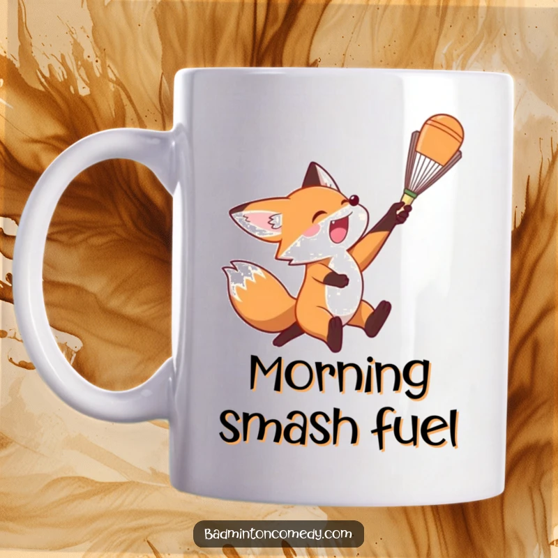 Funny Fox Mug: An energetic fox character leaps high to smash a badminton shuttlecock overhead with excitement.