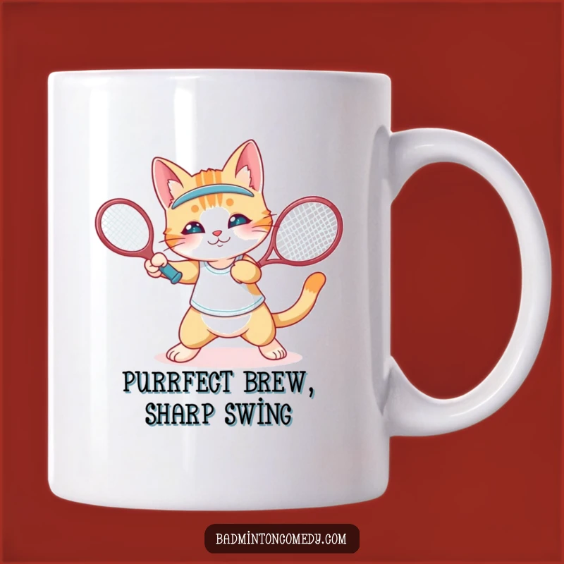 Funny Cat Badminton Mug: Agile Cat Showcasing Skill, Perfect Funny Gift!