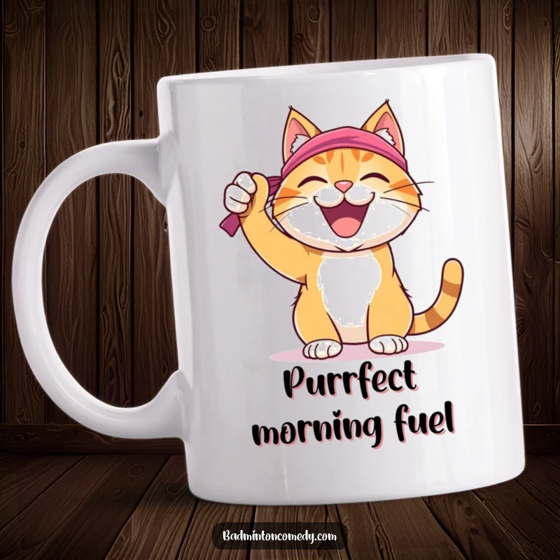 Funny Cat Badminton Mug: A joyful cat wearing a sweatband, gleefully celebrating a successful badminton shot, full of triumph.