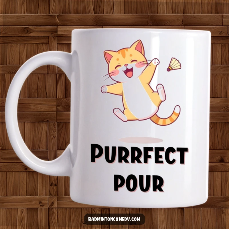 Funny mug featuring a cat character doing a cartwheel with a shuttlecock suspended in mid-air, showcasing athletic felines.