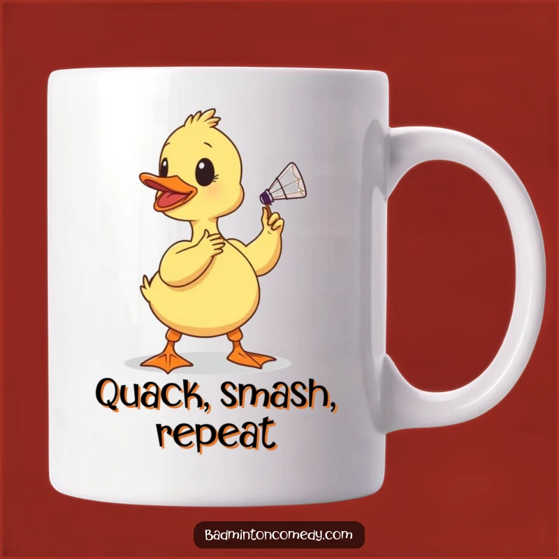 Funny Duckling Badminton Champ Mug - A Determined Birdy Making a Funny Smash Gift