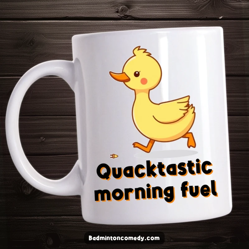 Funny duck waddling fast to catch a fallen shuttlecock on a mug, showcasing determination and humor.