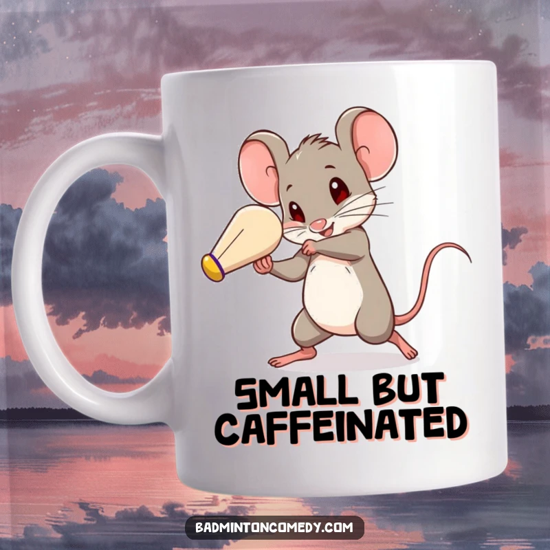 Funny little mouse with intense focus, batting a shuttlecock with surprising speed and agility, perfect gift for badminton fans.