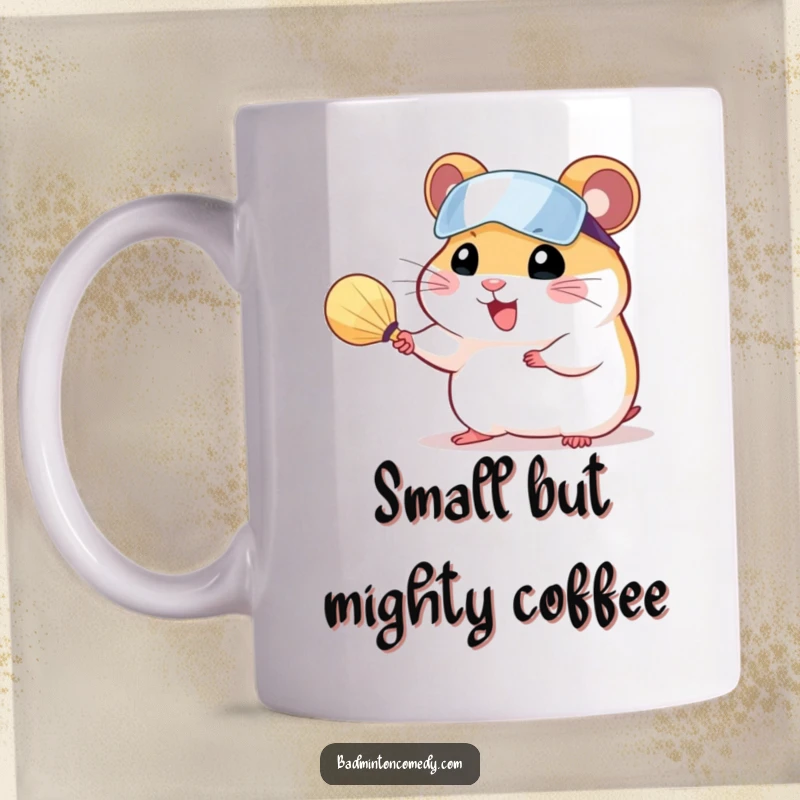 Funny, cheerful hamster wearing a visor serving a shuttlecock with a tiny racket on a mug.
