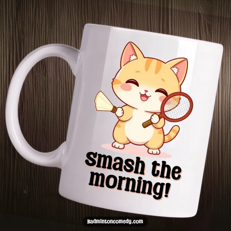 Funny cat in athletic gear happily hitting a shuttlecock with a tiny badminton racket on a mug.
