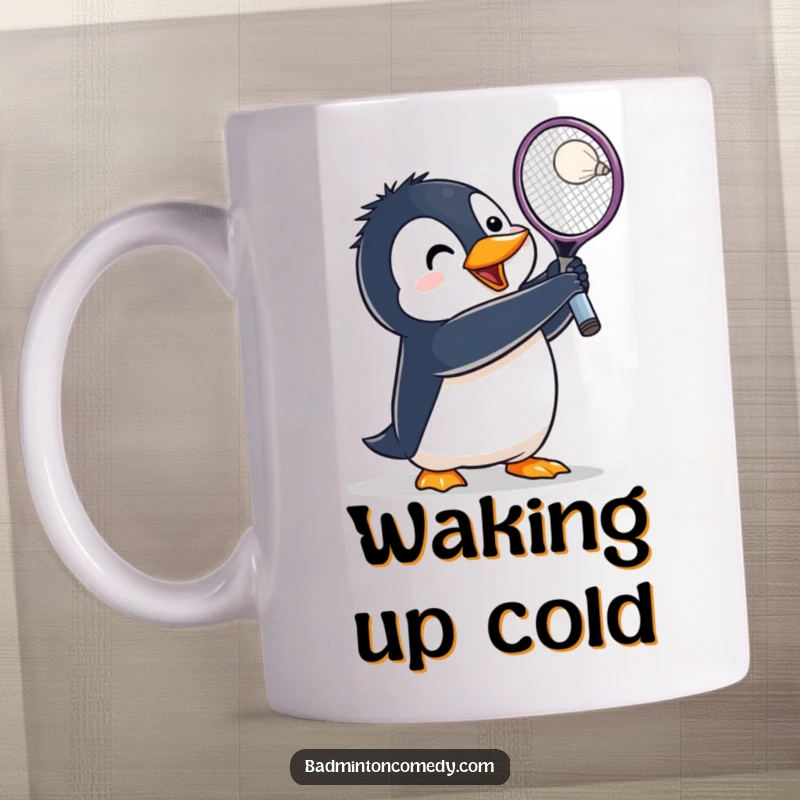 Funny Penguin Badminton Mug: A determined penguin lunges with its racket raised high, ready to smash a shuttlecock.