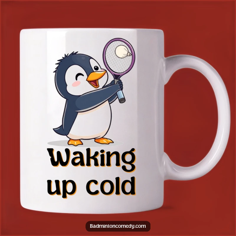 Funny Penguin Badminton Mug: Lunging Bird Smash - Perfect Gift!