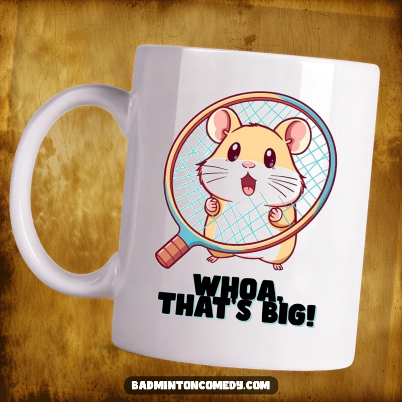 Funny hamster peeking from behind a large racket, looking surprised on this hilarious badminton mug, a perfect gift.