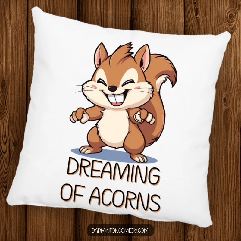 Funny squirrel pillow, a fluffy squirrel with a wide grin, powerfully smashing a shuttlecock with a racket, offering cozy humor and decor.