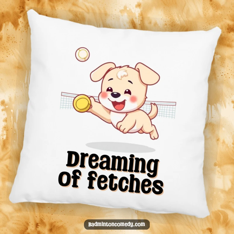 Funny pillow featuring a happy puppy character diving for a shuttlecock on a badminton court, perfect for relaxation.