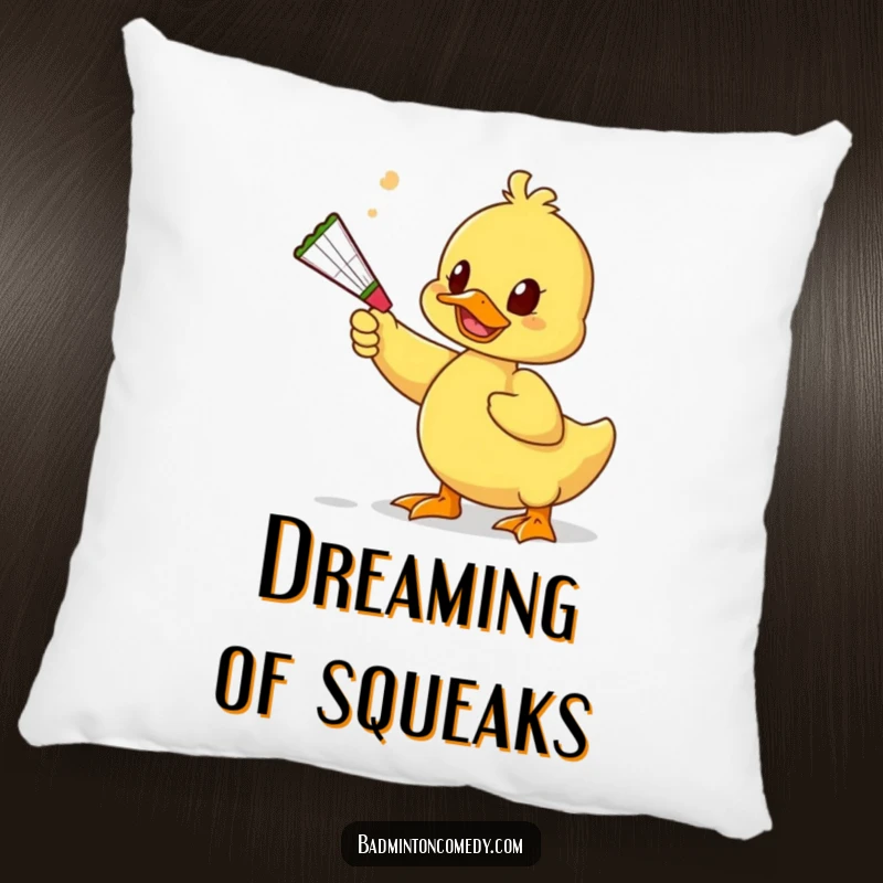 Funny Duck Play Pillow: A plush pillow featuring a duck character playfully batting a shuttlecock with a squeaky toy, bringing humor.