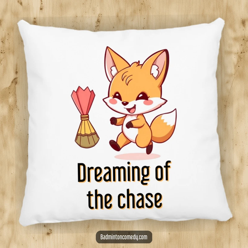 Funny fox playing badminton with a sly grin on a soft pillow, perfect for a funny gift.