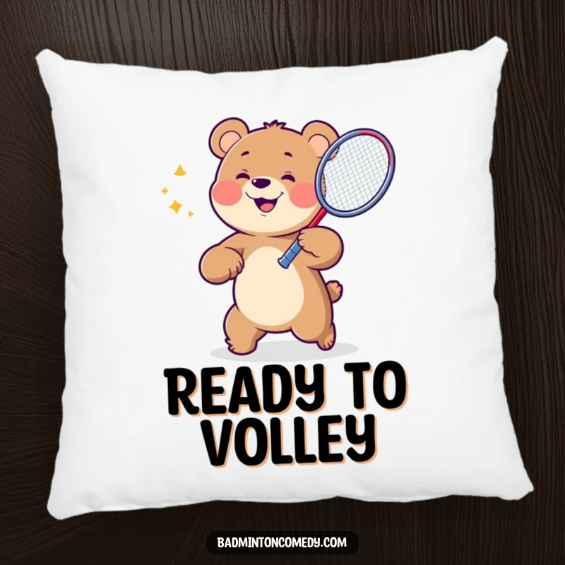 Funny Bear Badminton Pillow featuring a joyful bear character poised to hit a shuttlecock with a badminton racket, offering comfort.