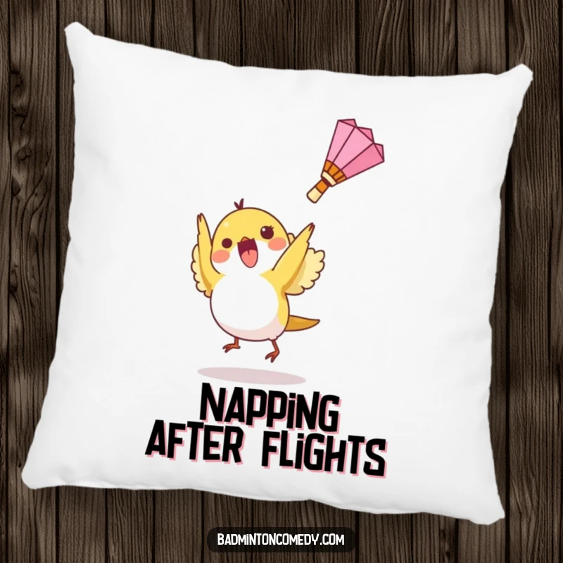 Funny pillow featuring a small bird character hitting a shuttlecock upwards, adding a playful touch to home decor.