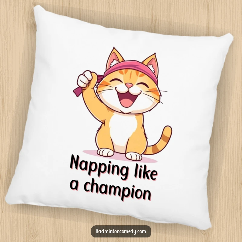 Funny Cat Badminton Pillow: A joyful cat wearing a sweatband, celebrating a successful badminton shot, designed for comfort.