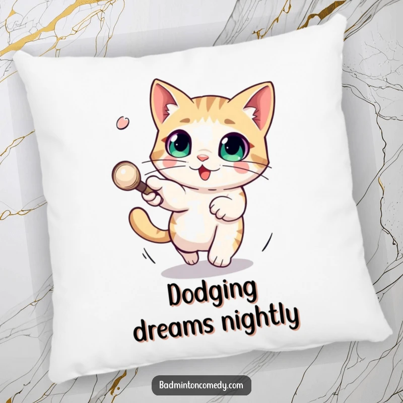 Funny pillow featuring a cat with large, expressive eyes in the process of playfully dodging a fast-moving shuttlecock.