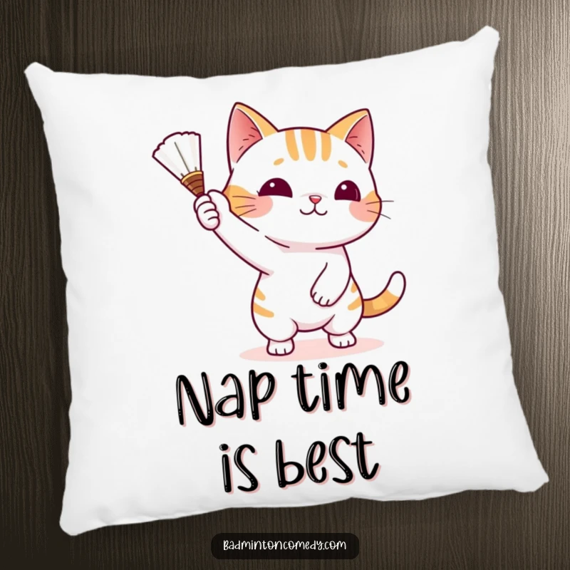 Funny Cat Pounce Pillow featuring a playful cat batting a shuttlecock with its paw, offering plush, humorous comfort.
