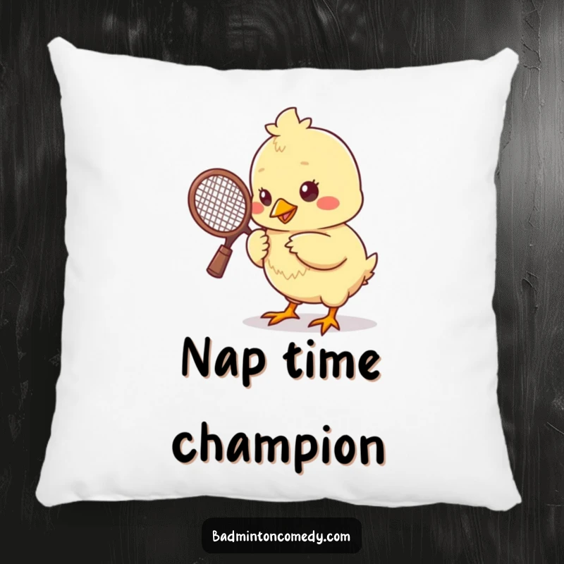 Funny chick with a tiny racket, pecking a shuttlecock, looking cute and determined on this soft, decorative pillow.