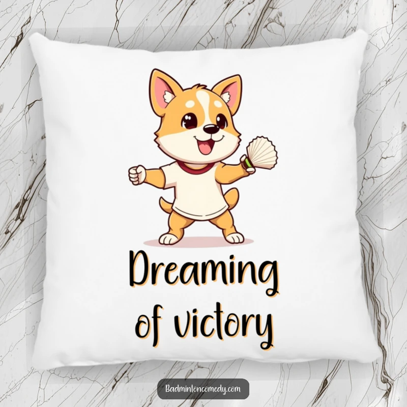 Funny dog in athletic stance, ready to smash a shuttlecock, on a soft badminton pillow, making a funny gift.