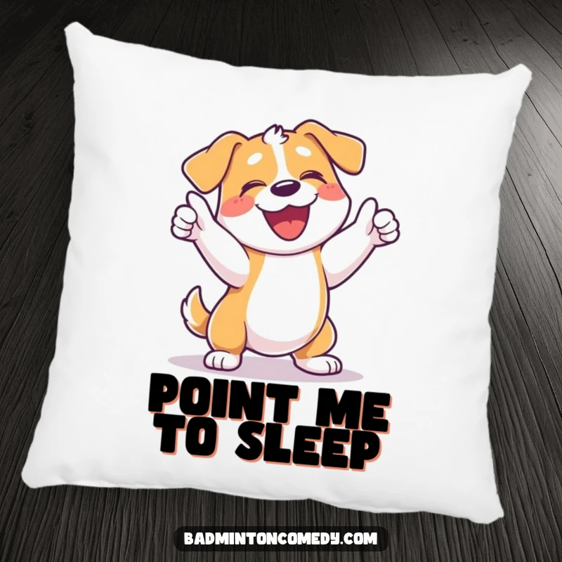 Funny dog tennis pillow featuring a happy dog celebrating a point with a joyful bark and a racket swing.