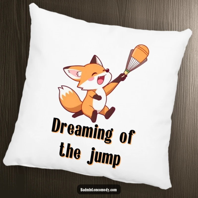 Funny Fox Pillow: A soft pillow showcasing an agile fox executing a badminton smash.