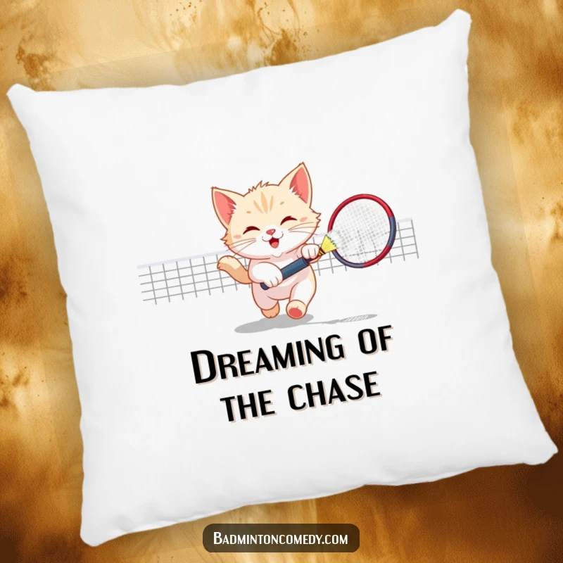 Funny Kitten Badminton Pillow: A playful kitten chasing a shuttlecock, offering comfort and a humorous, cute decorative touch.