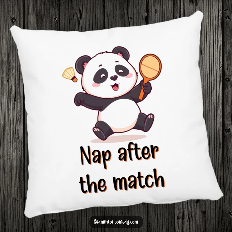 Funny panda pillow, a playful bear comically chasing a shuttlecock with a racket, offering cozy humor and adorable decor.