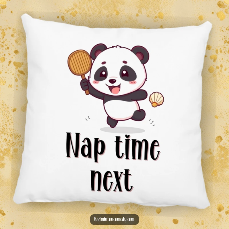 Funny panda excitedly chasing a shuttlecock across a badminton court, on a soft decorative pillow.