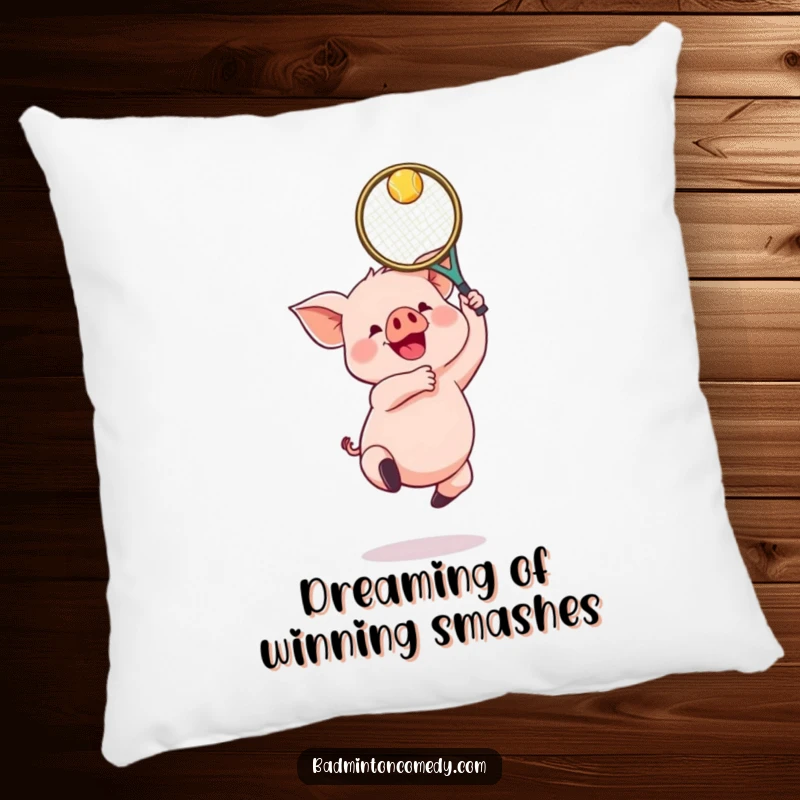 Funny Piglet Badminton Pillow: A gleeful piglet jumping to return a shot, offering comfort and a humorous, cute decorative touch.