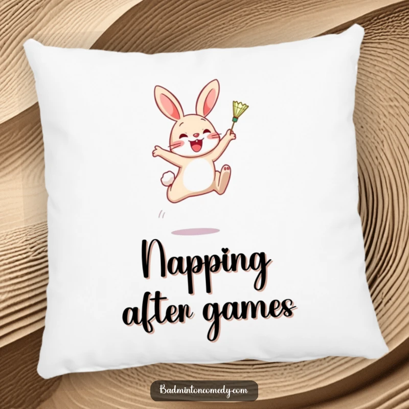 Funny Pillow: A happy rabbit mid-air, about to hit a badminton shuttlecock, bringing athletic humor to soft home decor.