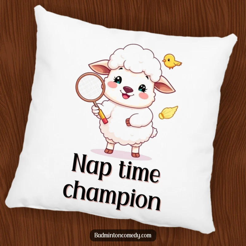 Funny Sheep Pillow: A soft pillow showcasing a happy sheep serving a badminton shuttlecock with a smile.