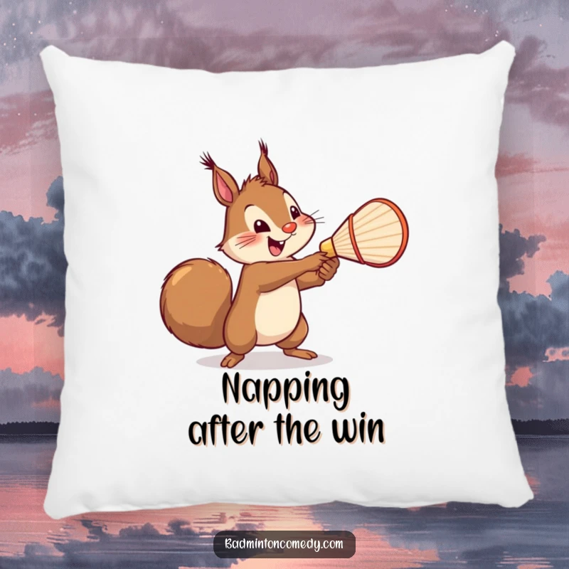 Funny Squirrel Badminton Pillow: A cheerful squirrel serving a shuttlecock, offering comfort and a humorous, energetic decorative touch.