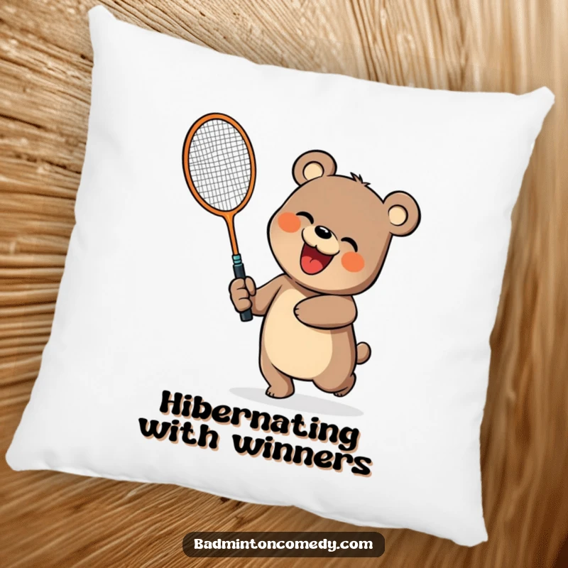 Funny, cheerful bear playing badminton on a soft pillow, perfect for a funny gift.