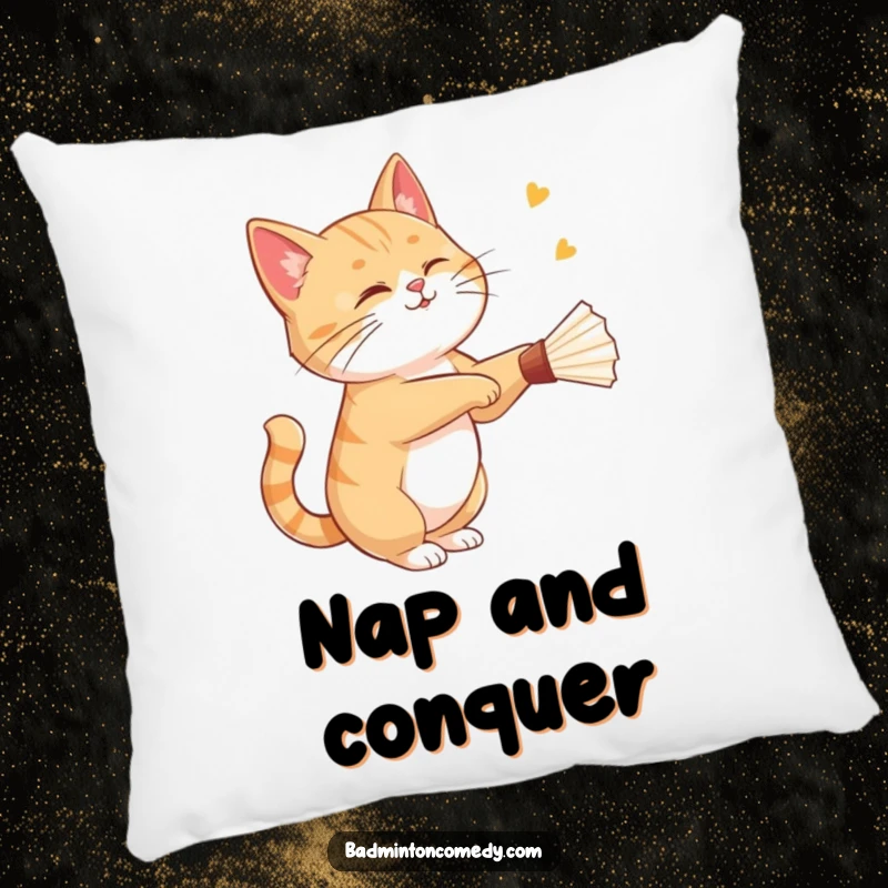 Funny cat gracefully striking a shuttlecock with a playful wink, a soft and humorous addition on this pillow.