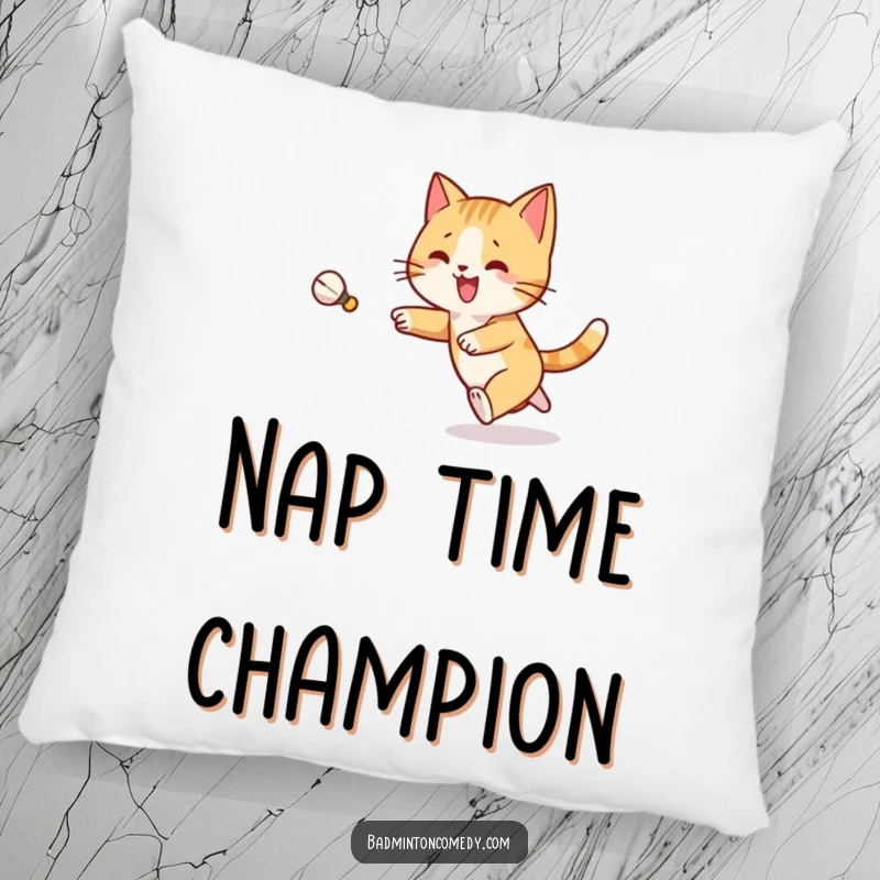 Funny Cat Badminton Pillow: A joyful cat character is shown in full chase, joyfully pursuing a shuttlecock on a badminton court.