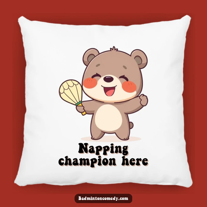 Funny Bear Badminton Pillow: Smiling Cub Serve Comfort - Cozy Gift!