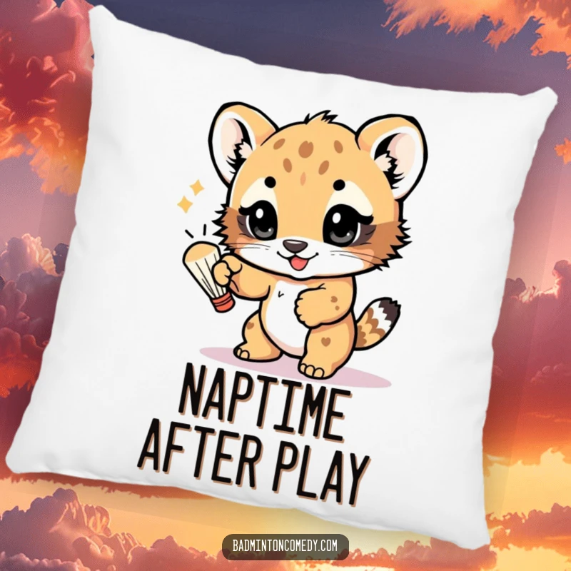 Funny pillow featuring a delightful bear cub batting a shuttlecock with its paw, eyes sparkling with joy, perfect for playful decor.