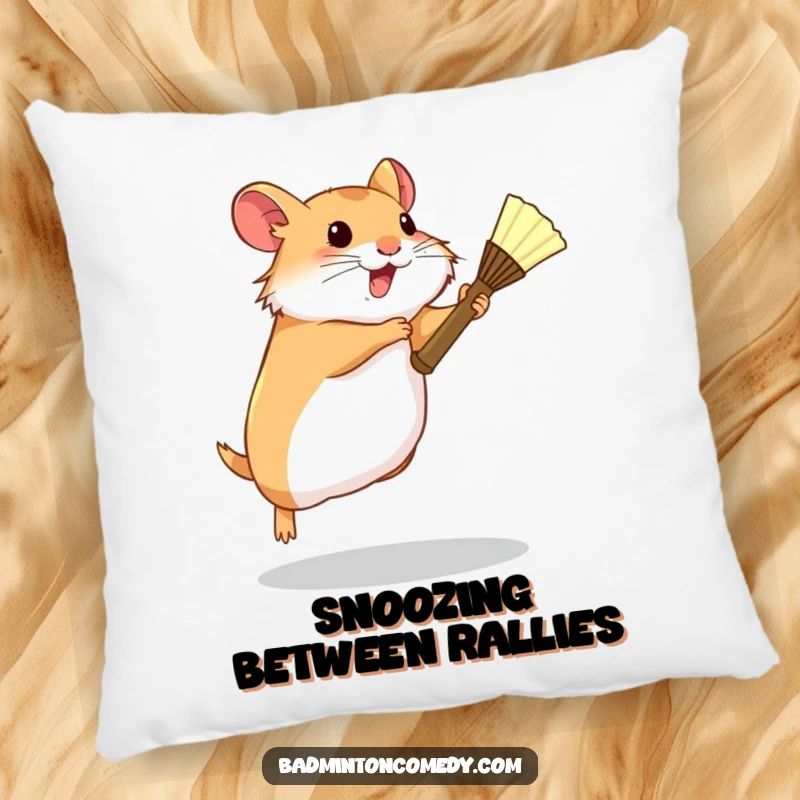 Funny Hamster Badminton Pillow: A determined hamster leaping to hit a shuttlecock, offering comfort and a humorous athletic theme.