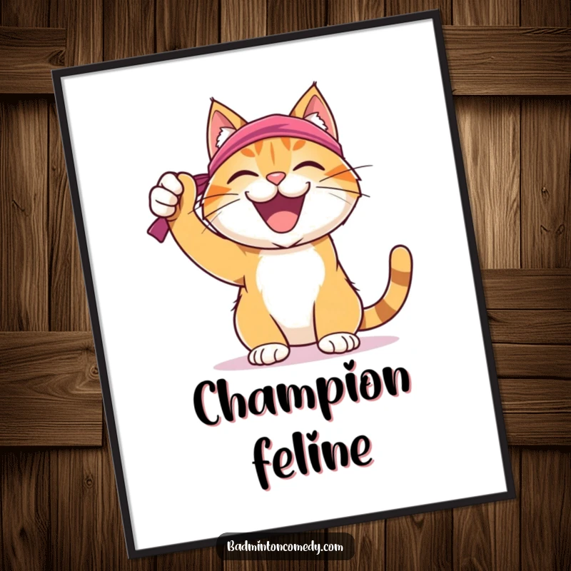 Funny Cat Badminton Digital Art: A joyful cat wearing a sweatband, celebrating a successful badminton shot, artful and cheerful.
