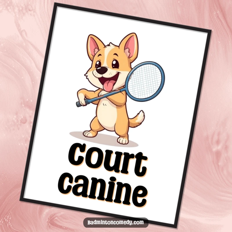 Funny Dog Badminton Digital Art Print: An enthusiastic dog plays badminton, swinging its racket powerfully at a shuttlecock with excitement.