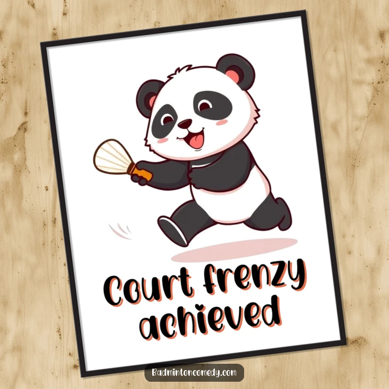 Funny cartoon panda chasing a shuttlecock on a badminton court, printable digital art for energetic decor.