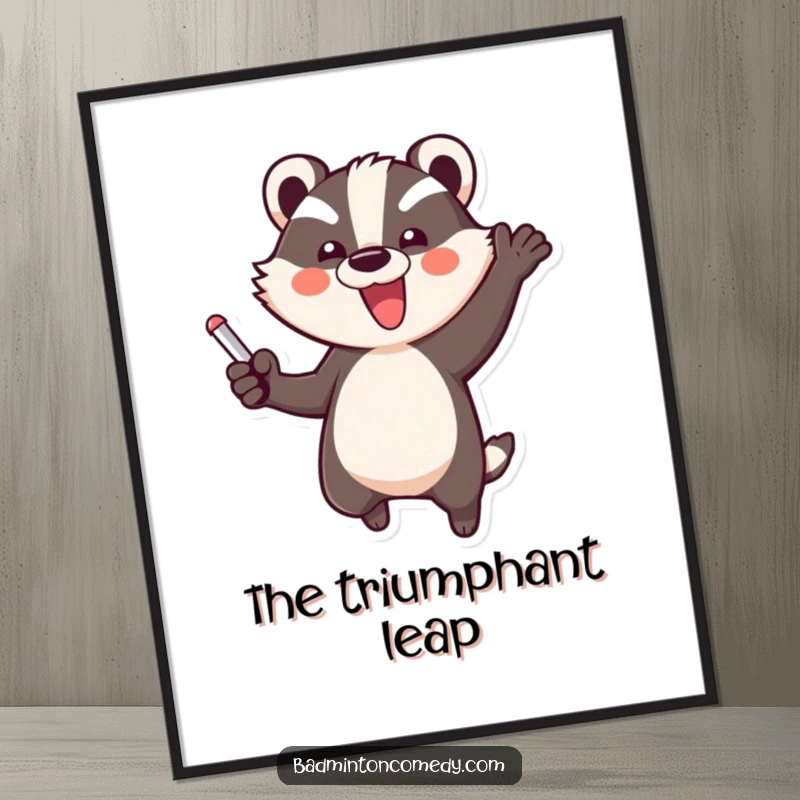 Funny Badger Triumph Digital Art: A high-resolution illustration of a badger in a jubilant, triumphant jump, celebrating a game point.