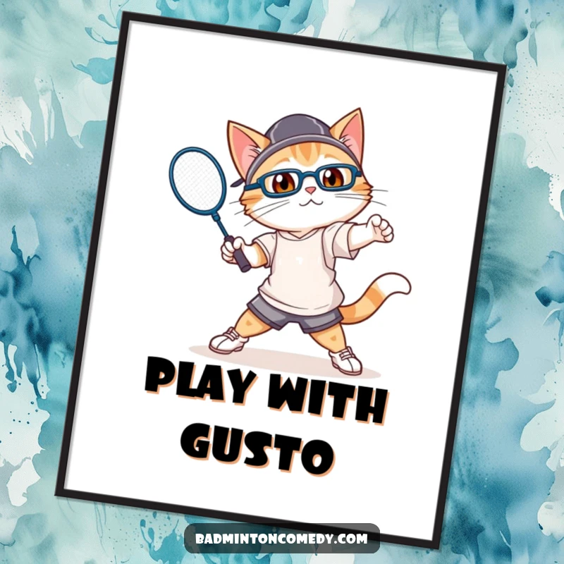 Funny cat artistically rendered in athletic gear, swinging a badminton racket with gusto, as printable digital art.