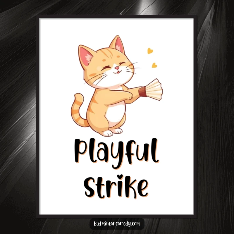 Funny cat gracefully striking a shuttlecock with a playful wink, humorous digital art of feline badminton skill.
