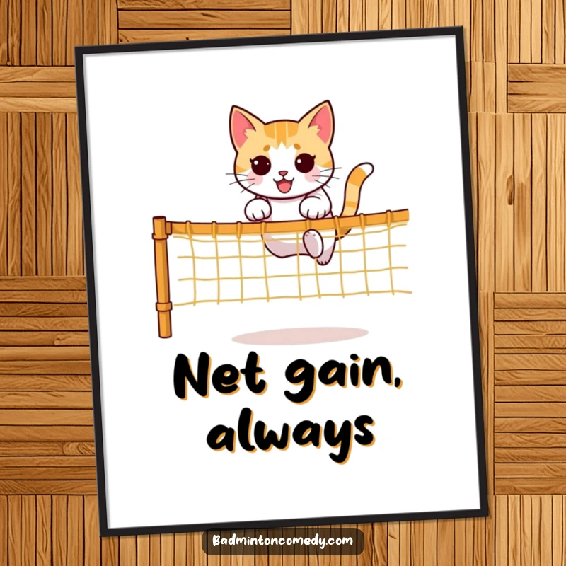 Funny digital art print of a determined cat character performing an impressive jump over a net, showcasing agility.