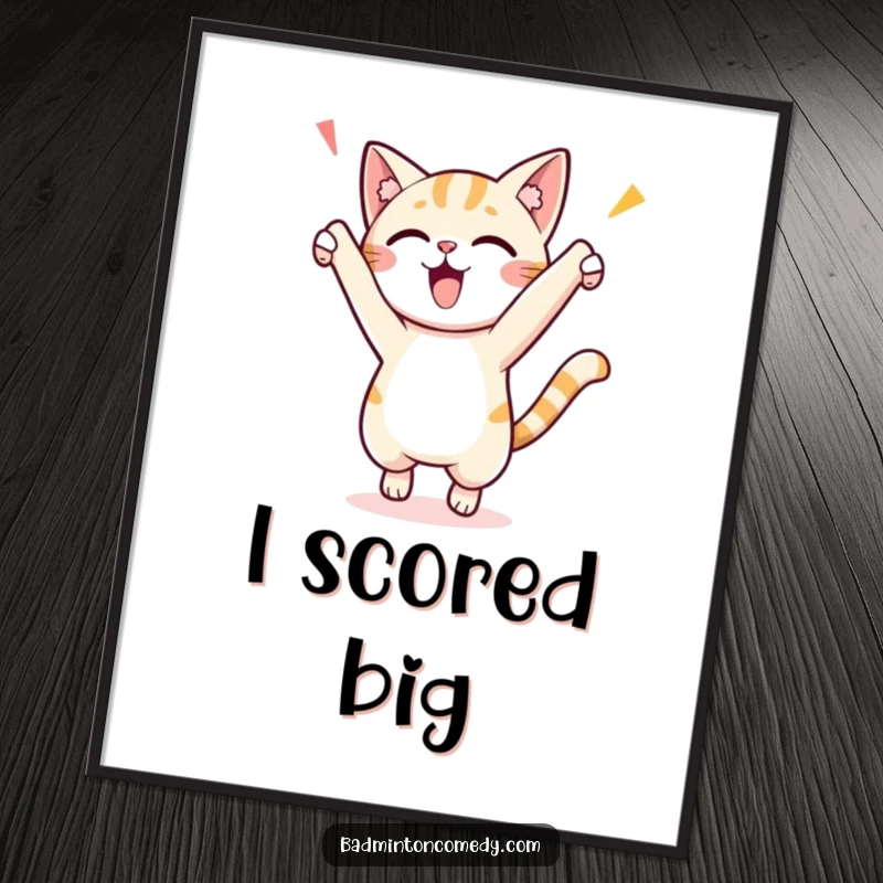 Funny digital art print of a small cat character joyfully jumping high to celebrate a score, radiating happiness and playful energy.