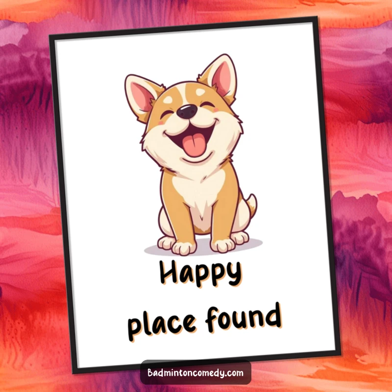 Funny happy dog panting after a badminton rally in digital art, ideal for joyful decor.