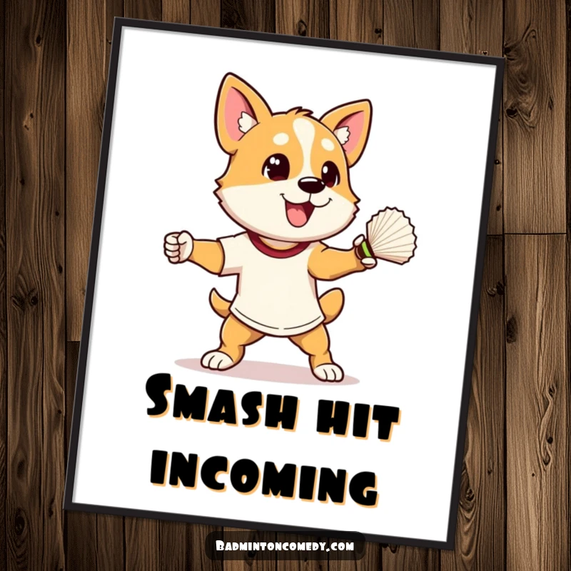 Funny dog in athletic stance, about to smash a shuttlecock, on a digital art print, a humorous badminton piece.