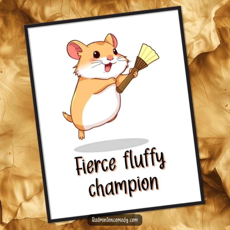 Funny Hamster Badminton Digital Art Print: A determined hamster leaping with a tiny racket, perfect for humorous athletic wall art.